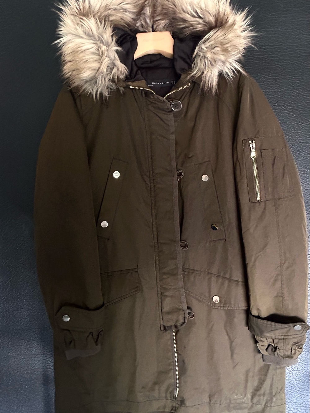 Zara Olive Green Parka with Faux-Fur Hood